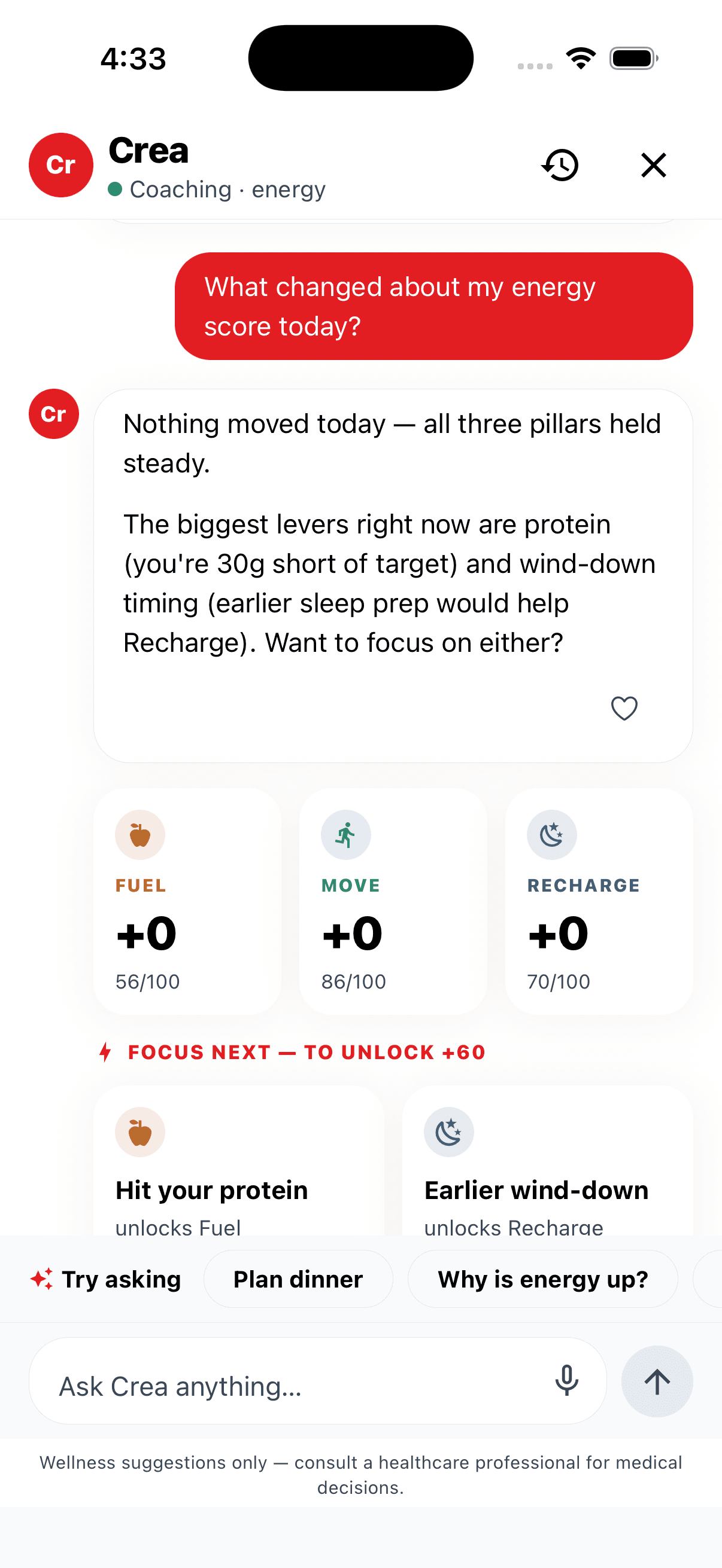Crea coaching chat explaining your energy score